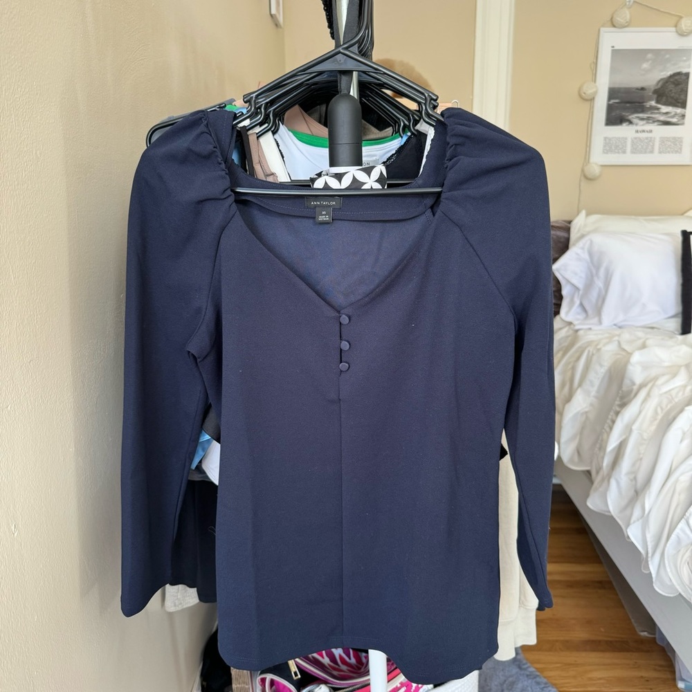 Ann Taylor Navy Blue Button Blouse Top
